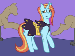 Size: 2048x1536 | Tagged: safe, artist:lil_vampirecj, imported from derpibooru, sassy saddles, pony, unicorn, blue body, carpet, clothes, dress, looking back, mannequin, orange eyes, orange mane, orange tail, saddle, solo, tack, tail