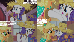 Size: 4400x2475 | Tagged: safe, edit, edited screencap, editor:quoterific, imported from derpibooru, screencap, applejack, rarity, earth pony, pony, unicorn, simple ways, applejewel, duo, duo female, female, hat, mare, open mouth, rarihick