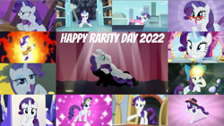 Size: 1972x1109 | Tagged: safe, edit, edited screencap, editor:quoterific, imported from derpibooru, screencap, rarity, pony, unicorn, dragon dropped, dragon quest, dragonshy, fame and misfortune, friendship university, honest apple, party pooped, rarity investigates, rarity takes manehattan, suited for success, sweet and elite, the crystalling, the saddle row review, angry, bipedal, bow, clothes, crown, eyes closed, glasses, glowing, glowing horn, grin, guitar, guitarity, hat, helmet, horn, jewelry, light, magic, magic aura, musical instrument, net, newspaper, open mouth, regalia, scarf, smiling, solo, twilight's castle