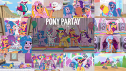 Size: 1978x1113 | Tagged: safe, edit, edited screencap, editor:quoterific, imported from derpibooru, screencap, hitch trailblazer, izzy moonbow, pipp petals, sunny starscout, zipp storm, dog, earth pony, pegasus, pomeranian, pony, unicorn, spoiler:g5, spoiler:my little pony: tell your tale, spoiler:tyts01e25, alternate hairstyle, bag, balloon, beret, bracelet, cannon, cloudpuff, coat markings, drink, drinking straw, female, flower, flower in hair, fluttershy's cutie mark, flying, flying pomeranian, friendship bracelet, frown, g5, glass, glitter, glitter cannon, grin, hat, headband, helmet, jewelry, male, mane five (g5), mare, my little pony: tell your tale, necktie, open mouth, open smile, party, pony partay, rainbow dash's cutie mark, regalia, roller skates, saddle bag, smiling, smoothie, socks (coat markings), spread wings, stallion, sunglasses, surprise!, twilight sparkle's cutie mark, wall of tags, winged dog, wings