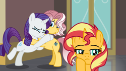 Size: 10014x5658 | Tagged: safe, artist:emeraldblast63, imported from derpibooru, rarity, sunset shimmer, vignette valencia, earth pony, pony, unicorn, comic:the tale of two sunsets, equestria girls, absurd resolution, equestria girls ponified, female, hug, mare, ponified, trio, trio female