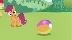 Size: 1366x768 | Tagged: safe, imported from derpibooru, screencap, apple bloom, scootaloo, earth pony, pegasus, pony, lesson zero, season 2, ball, cute, cutealoo, derp, duo, moments before disaster, playing, tongue out