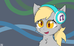 Size: 2796x1748 | Tagged: safe, artist:nyrikiri, derpibooru exclusive, imported from derpibooru, derpy hooves, pegasus, pony, bust, cheek fluff, chest fluff, female, fluffy, headphones, high res, mare, open mouth, simple background, smiling, solo