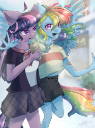 Size: 1280x1707 | Tagged: safe, artist:fangedfurry, imported from derpibooru, rainbow dash, twilight sparkle, anthro, pegasus, unicorn, clothes, duo, female, lesbian, mall, shipping, shirt, shorts, skirt, slushie, twidash, unicorn twilight