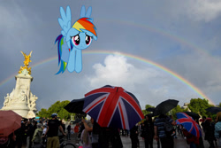 Size: 2500x1667 | Tagged: safe, artist:masem, artist:mlpfan3991, imported from derpibooru, rainbow dash, human, pegasus, pony, buckingham palace, death of queen elizabeth ii, double rainbow, england, graveyard of comments, high res, irl, irl human, photo, ponies in real life, queen elizabeth ii, rainbow, rest in peace, sad, solo, united kingdom, vector