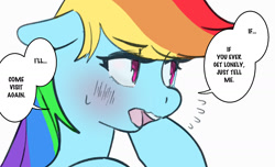 Size: 1600x974 | Tagged: safe, artist:rirurirue, imported from derpibooru, rainbow dash, pegasus, pony, blushing, dialogue, drawthread, emanata, female, floppy ears, g4, looking away, mare, open mouth, ponified, ponified manga, requested art, simple background, solo, speech bubble, sweat, sweatdrop, talking to viewer, tsunderainbow, tsundere, white background