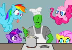 Size: 2942x2026 | Tagged: safe, artist:anonymous, imported from derpibooru, fluttershy, pinkie pie, rainbow dash, twilight sparkle, oc, oc:anon, earth pony, human, pegasus, pony, cooking, drawthread, female, human male, male, mare, requested art, tongue out