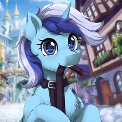 Size: 2000x2000 | Tagged: source needed, safe, artist:evomanaphy, edit, imported from derpibooru, minuette, pony, unicorn, behaving like a dog, blue eyes, blue fur, blue mane, blurry background, chest fluff, collar, eye clipping through hair, eyebrows, eyebrows visible through hair, female, leash, looking at you, mare, mouth hold, solo