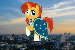 Size: 2736x1826 | Tagged: safe, artist:chainchomp2 edits, artist:jaredking779, edit, imported from derpibooru, sunburst, pony, unicorn, bangkok, cloak, clothes, coat markings, giant pony, giant unicorn, glasses, high res, highrise ponies, irl, macro, male, mega giant, photo, ponies in real life, raised hoof, robe, socks (coat markings), stallion, sunburst's cloak, sunburst's glasses, thailand