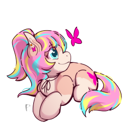 Size: 1750x1750 | Tagged: artist needed, safe, imported from twibooru, oc, oc only, oc:bijou butterfly, butterfly, earth pony, insect, pony, ear piercing, female, image, mare, pale belly, piercing, png, prone, signature, simple background, smiling, socks (coat marking), solo, transparent background