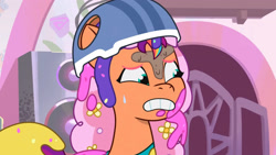Size: 3410x1920 | Tagged: safe, imported from derpibooru, screencap, sunny starscout, earth pony, pony, spoiler:g5, spoiler:my little pony: tell your tale, spoiler:tyts01e25, female, g5, helmet, high res, mane stripe sunny, mare, my little pony: tell your tale, pony partay, solo, sweat, youtube link