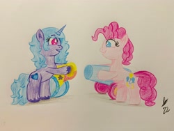 Size: 4032x3024 | Tagged: safe, artist:jesslmc16, imported from derpibooru, izzy moonbow, pinkie pie, earth pony, pony, unicorn, cannon, colored, colored pencil drawing, g5, glitter cannon, my little pony: tell your tale, party cannon, sketchbook, traditional art