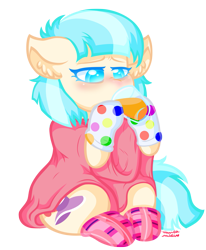 Size: 1067x1296 | Tagged: safe, artist:vanillaswirl6, imported from derpibooru, coco pommel, earth pony, pony, blanket, clothes, cocobetes, cute, drinking, ear fluff, female, floppy ears, juice, mare, orange juice, sick, simple background, socks, solo, transparent background
