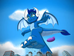 Size: 1032x775 | Tagged: safe, alternate version, artist:neondragon, imported from derpibooru, oc, oc only, oc:cobalt the dragon, dragon, city, crush fetish, crushing, dragoness, feet, fetish, giantess, macro, male, smiling, solo, teenaged dragon, wings