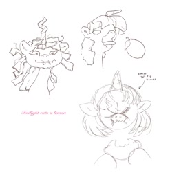 Size: 1341x1356 | Tagged: safe, artist:inkhooves, imported from derpibooru, twilight sparkle, pony, unicorn, ><, bust, eating, eyes closed, faic, food, lemon, monochrome, open mouth, simple background, sketch, solo, unicorn twilight, wavy mouth, white background