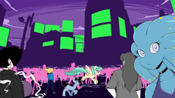 Size: 1920x1080 | Tagged: safe, artist:reiduran, imported from derpibooru, oc, oc only, oc:aria, oc:corona flare, oc:ostria chime, alien, human, pegasus, pony, unicorn, breasts, city, crowd, female, flying, looking at you, mare, non-mlp oc, non-pony oc, sideboob, unusual pupils