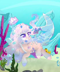 Size: 2464x2960 | Tagged: safe, artist:interstellar-quartz, imported from derpibooru, oc, oc only, fish, hybrid, merpony, pony, art trade, base used, bubble, coral, crown, digital art, eyelashes, female, fish tail, flowing mane, jewelry, mare, ocean, purple eyes, regalia, rock, seaweed, smiling, solo, swimming, tail, teeth, underwater, water