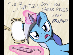 Size: 1440x1080 | Tagged: safe, artist:flavinbagel, artist:rina-chan, imported from derpibooru, minuette, rainbow dash, pegasus, pony, unicorn, ask gamer ponies, animated, ask, comic, comic dub, dentist, female, kira buckland, mare, sound, sound only, voice acting, webm