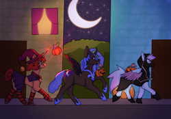 Size: 2360x1640 | Tagged: safe, artist:v-nuz, imported from derpibooru, nightmare moon, oc, pegasus, pony, unicorn, clothes, costume, halloween, hat, holiday, moon, night, trick or treat, trio, witch hat