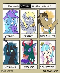 Size: 1704x2047 | Tagged: safe, artist:dimbulb, imported from derpibooru, coco pommel, derpy hooves, doctor whooves, pharynx, queen chrysalis, time turner, trixie, changedling, changeling, earth pony, pegasus, pony, unicorn, six fanarts, female, food, male, muffin, tongue out