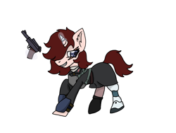 Size: 1920x1440 | Tagged: safe, artist:sw.f, imported from derpibooru, oc, oc only, oc:stowe finberg, unicorn, gun, handgun, pistol, simple background, solo, white background