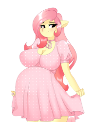 Size: 2364x3000 | Tagged: safe, artist:xjenn9, imported from derpibooru, fluttershy, anthro, pegasus, big breasts, breasts, busty fluttershy, cleavage, clothes, commission, cute, dress, female, preggoshy, pregnant, red eyes, shyabetes, simple background, solo, transparent background, wrong eye color, ych result