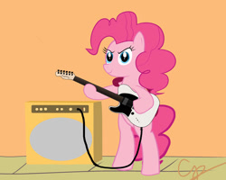 Size: 900x720 | Tagged: safe, artist:cipherpie, imported from derpibooru, pinkie pie, earth pony, pony, 2012, bipedal, electric guitar, female, guitar, hoof hold, mare, musical instrument, old art, solo