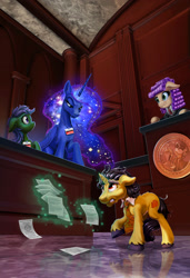 Size: 1367x2000 | Tagged: safe, artist:harwick, imported from derpibooru, princess luna, oc, alicorn, earth pony, unicorn, angry, briefcase, commission, courtroom, curly mane, earth pony oc, fanfic art, horn, judge, jury duty, justice, lawyer, necktie, scales, unicorn oc