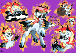 Size: 4961x3508 | Tagged: safe, artist:mekblue, imported from derpibooru, oc, oc:smokey surprise, pegasus, barrel, bomb, cloud, cute, dirty, dynamite, explosives, fire, gun powder, multiple poses, pegasus oc, reference sheet, solo, spread wings, tail, tail wag, weapon, wings
