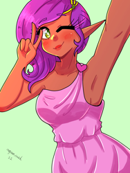 Size: 1800x2400 | Tagged: safe, artist:mylittleyuri, imported from derpibooru, pipp petals, human, armpits, blushing, breasts, clothes, dark skin, dress, elf ears, female, g5, green background, humanized, lipstick, makeup, one eye closed, peace sign, sideboob, simple background, solo, wink