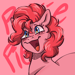Size: 3000x3000 | Tagged: safe, artist:raccoonsalsafr, imported from derpibooru, pinkie pie, earth pony, pony, :3, blushing, cute, diapinkes, female, happy, high res, mare, open mouth, open smile, pink background, simple background, smiling, solo