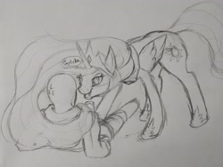 Size: 4000x3000 | Tagged: safe, artist:anonymous, princess celestia, oc, oc:anon, alicorn, pony, female, gotcha, mare, monochrome, on back, open mouth, simple background, smiling, sweat, talking, traditional art