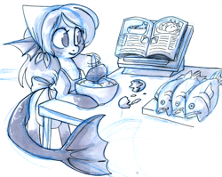 Size: 1000x795 | Tagged: safe, artist:php27, imported from twibooru, oc, oc only, oc:marina, fish, monster pony, pony, apron, bowl, breaded fish, clothes, cookbook, cooking, ear fins, egg, female, fish tail, image, lineart, mare, png, simple background, sketch, table, white background