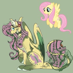 Size: 1440x1440 | Tagged: safe, artist:solarmoondreams, imported from twibooru, fluttershy, pegasus, pony, alternate cutie mark, colored hooves, colored wings, ear fluff, female, gradient hooves, green background, image, leonine tail, mare, needs more jpeg, redesign, simple background, sitting, solo, twitterina design, wings
