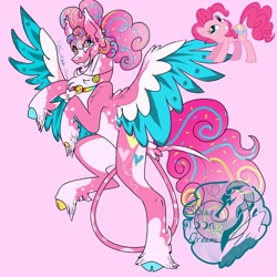 Size: 1440x1440 | Tagged: safe, artist:solarmoondreams, imported from twibooru, pinkie pie, pegasus, pony, alternate cutie mark, cloven hooves, coat markings, colored hooves, colored wings, female, image, jewelry, leonine tail, mare, necklace, needs more jpeg, pegasus pinkie pie, pigtails, pink background, race swap, redesign, simple background, solo, twitterina design, unshorn fetlocks, wings