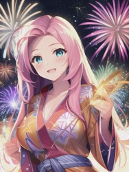 Size: 512x682 | Tagged: safe, editor:sammykun, imported from derpibooru, fluttershy, human, ai content, ai generated, anime style, beautiful, breasts, busty fluttershy, clothes, female, fireworks, flower, generator:novelai, generator:stable diffusion, happy new year, holiday, humanized, japanese, kimono (clothing), looking at you, night, solo, yukata