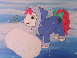 Size: 960x720 | Tagged: safe, imported from derpibooru, screencap, truly, earth pony, pony, baby it's cold outside, my little pony 'n friends, bow, clothes, coat, female, g1, mare, tail, tail bow