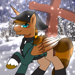 Size: 1280x1280 | Tagged: safe, artist:zemarai, imported from derpibooru, oc, oc only, oc:royale royce, alicorn, colonial hat, cross, forest, hat, male, male alicorn, snow, snowfall, stallion