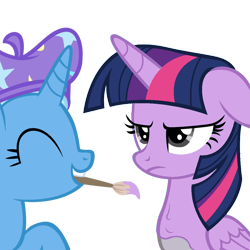 Size: 1024x1024 | Tagged: safe, artist:dtkraus, artist:wardex101, color edit, edit, imported from derpibooru, trixie, twilight sparkle, alicorn, pony, ^^, beret, bodypaint, colored, cute, diatrixes, discorded, discorded twilight, eyes closed, female, grin, hat, mare, paint, paint on feathers, paint on fur, paintbrush, painting characters, recolor, simple background, smiling, transparent background, twilight sparkle (alicorn), twilight tragedy, unamused, vector