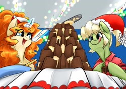 Size: 4096x2896 | Tagged: safe, artist:eponafest, artist:mekblue, imported from derpibooru, oc, oc:milli, oc:reginette, earth pony, pony, unicorn, bread, christmas, christmas lights, duo, earth pony oc, eponafest, female, food, happy new year, hat, holiday, horn, magic, mare, mascot, open mouth, open smile, santa hat, smiling, sternocleidomastoid, telekinesis, tongue out, unicorn oc