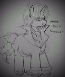 Size: 2878x3406 | Tagged: safe, artist:dsstoner, imported from derpibooru, oc, oc only, pony, undead, unicorn, vampire, vampony, clothes, coat, ear piercing, earring, facial hair, glasses, jewelry, male, moustache, piercing, solo, stallion, tongue out, traditional art