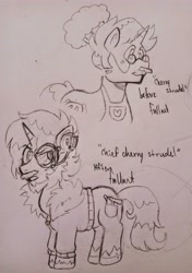 Size: 2871x4073 | Tagged: safe, artist:dsstoner, imported from derpibooru, oc, food pony, pony, unicorn, fallout equestria, apron, before and after, chef's hat, clothes, coat, fallout, food, gun, hat, headset, pants, ponified, traditional art, weapon