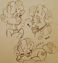 Size: 2776x3007 | Tagged: safe, artist:dsstoner, imported from derpibooru, oc, earth pony, food pony, pony, blushing, clothes, eating, food, lying down, marshmallow, ponified, s'mores, scarf, sleeping, traditional art