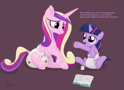 Size: 2254x1634 | Tagged: safe, artist:drasill, imported from derpibooru, princess cadance, twilight sparkle, alicorn, pony, unicorn, babysitting, book, cute, dialogue, diaper, diaper fetish, diapered, duo, female, fetish, filly, filly twilight sparkle, foal, foalsitter, looking at each other, looking at someone, mare, non-baby in diaper, open mouth, open smile, poofy diaper, simple background, sitting, smiling, speech bubble, twiabetes, unicorn twilight, white diaper, younger