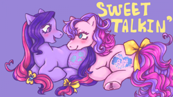 Size: 1200x675 | Tagged: safe, artist:twinkleeyedshark, imported from derpibooru, earth pony, pony, bow, chatterbox (g1), simple background, tail, tail bow, talk-a-lot (g1), toy interpretation