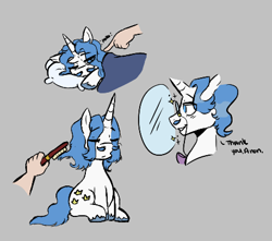 Size: 453x401 | Tagged: safe, artist:dsstoner, imported from derpibooru, fancypants, oc, oc:anon, human, pony, unicorn, aggie.io, bed, blanket, brush, male, mirror, monocle, pillow, poking, simple background, sitting, sleeping, smiling, stallion, waking up