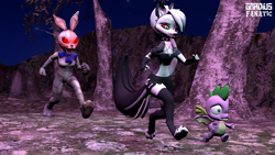 Size: 3413x1920 | Tagged: safe, artist:gradiusfanatic, imported from derpibooru, spike, demon, dragon, hellhound, rabbit, 3d, animal, crossover, female, five nights at freddy's, graveyard, helluva boss, loona (helluva boss), male, pentagram, source filmmaker, vanny