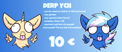Size: 3000x1280 | Tagged: safe, artist:exobass, imported from derpibooru, oc, oc only, oc:exobass, alicorn, pegasus, pony, unicorn, :p, advertisement, commission, derp, female, furry, gradient background, mare, solo, sticker, tongue out, your character here