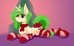 Size: 4692x2908 | Tagged: safe, artist:bydena, imported from derpibooru, oc, oc only, oc:c-3301, pony, unicorn, bow, christmas, clothes, concave belly, female, gift art, green hair, holiday, horn, scarf, secret santa, slim, socks, solo, stockings, striped socks, thigh highs, thin, unicorn oc