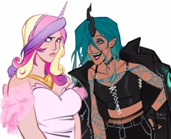 Size: 2821x2303 | Tagged: safe, artist:peachmichea, imported from derpibooru, princess cadance, queen chrysalis, human, blushing, breasts, cadalis, cleavage, clothes, dark skin, denim, dress, duo, eyeshadow, fangs, female, fishnets, flirting, horn, horned humanization, humanized, jacket, jeans, leather, leather jacket, lesbian, light skin, lipstick, looking away, makeup, midriff, moderate dark skin, pants, shipping, shirt, simple background, torn clothes, white background